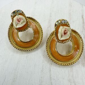 Vintage 1928 Porcelain Rose With Enamel Hoop Earrings Retro Classic Coquettegirl